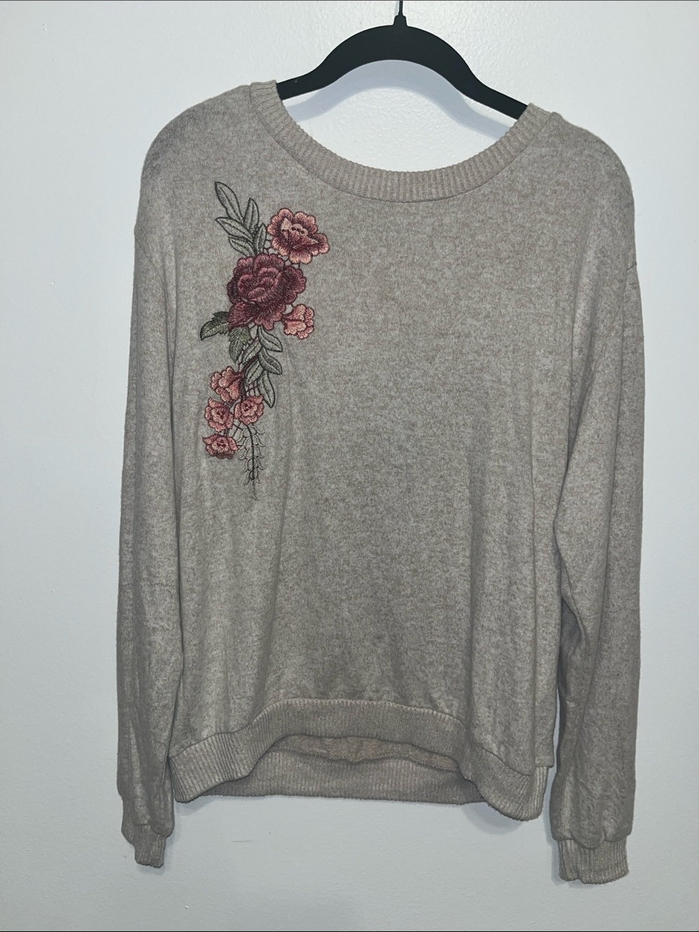 Poof! Beige Crewneck Sweater with Pink Floral Embroidery